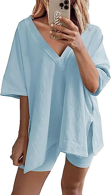Women’s Apricot Lounge Set with Loose V-Neck T-Shirt and Matching Shorts 12