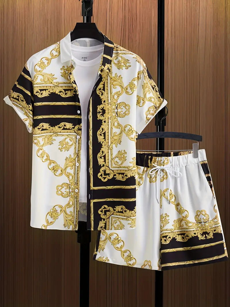 Men’s Sleeve Hawaiian Shirt with Black Palm Tree Print and Shorts Set 16