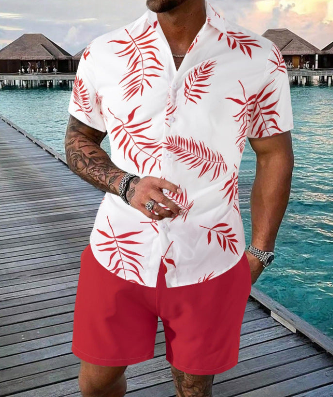 Men’s Sleeve Hawaiian Shirt with Black Palm Tree Print and Shorts Set 18