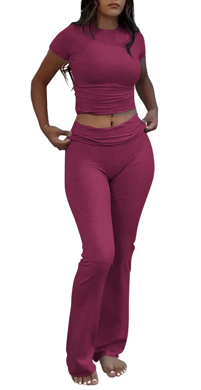 Women’s Two-Piece Set with Short-Sleeve Fitted Crop Top 10