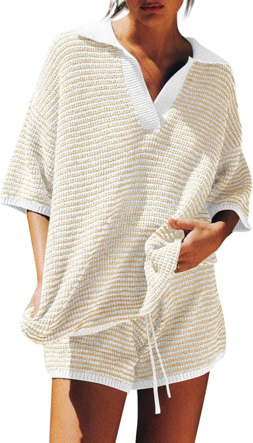 Women’s Green and White Knit Shorts Set with Oversized V-Neck Polo Top 15