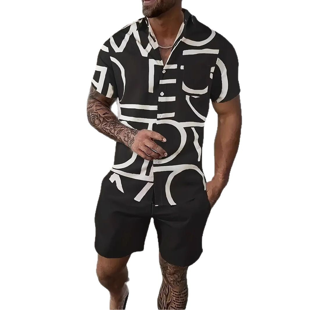 Men’s Sleeve Hawaiian Shirt with Black Palm Tree Print and Shorts Set 5