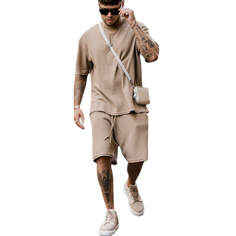 Men’s Beige Ribbed Short Sleeve T-Shirt and Drawstring Shorts Set 6