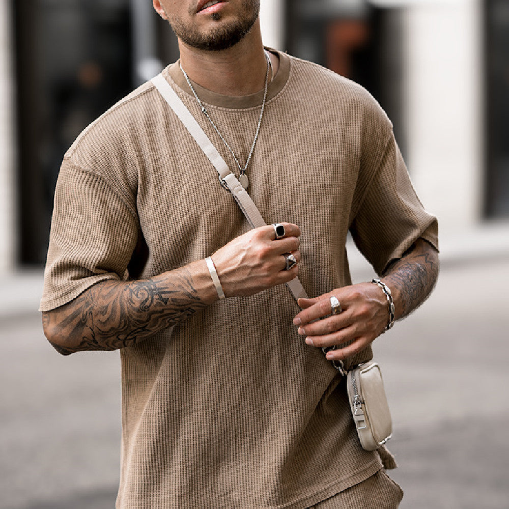 Men’s Beige Ribbed Short Sleeve T-Shirt and Drawstring Shorts Set 10