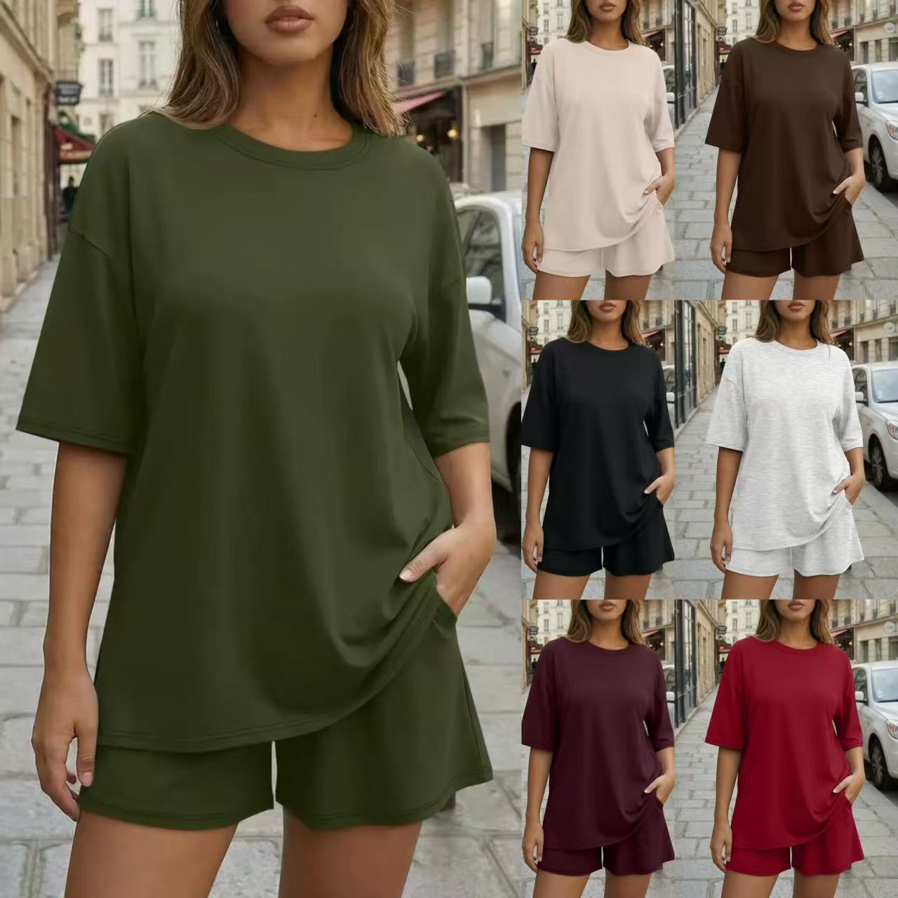 Women’s Olive Two-Piece Lounge Set with Oversized Short-Sleeve T-Shirt