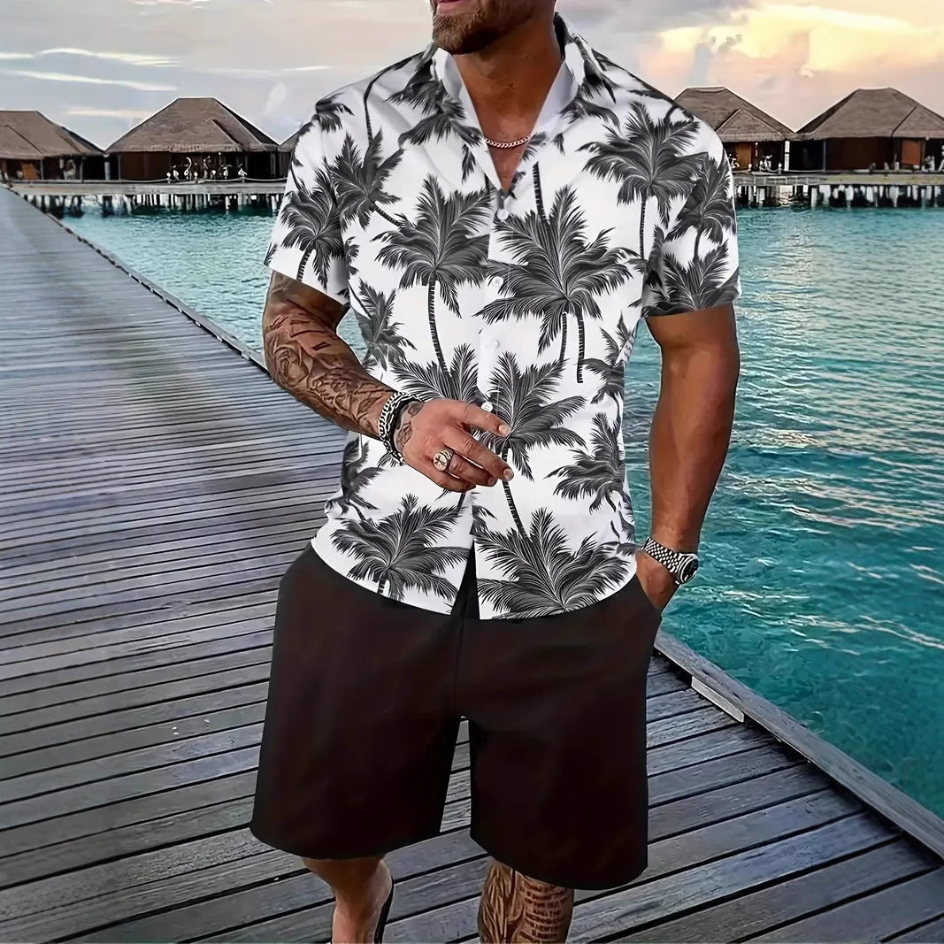 Men’s Sleeve Hawaiian Shirt with Black Palm Tree Print and Shorts Set