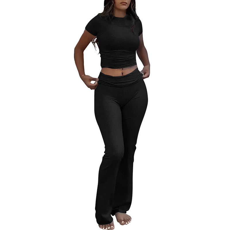 Women’s Two-Piece Set with Short-Sleeve Fitted Crop Top