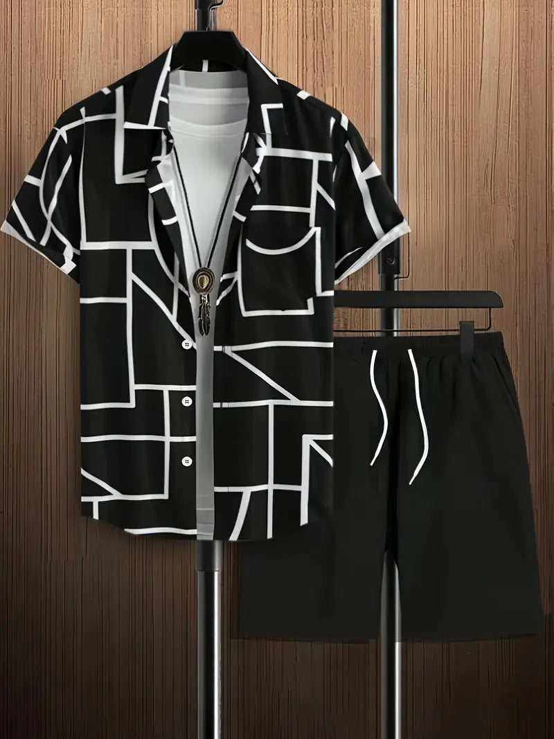 Men’s Sleeve Hawaiian Shirt with Black Palm Tree Print and Shorts Set 17