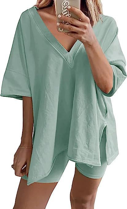 Women’s Apricot Lounge Set with Loose V-Neck T-Shirt and Matching Shorts 10