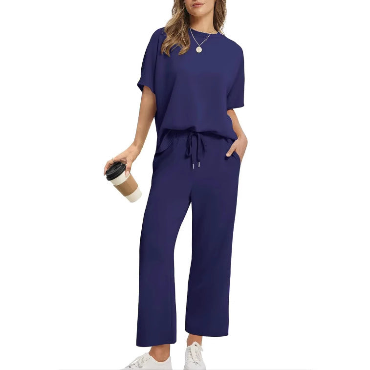 Women’s Two-Piece Set with Short-Sleeve Top and Wide-Leg