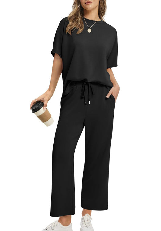Women’s Two-Piece Set with Short-Sleeve Top and Wide-Leg 11