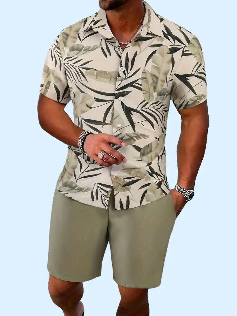 Men’s Sleeve Hawaiian Shirt with Black Palm Tree Print and Shorts Set 13