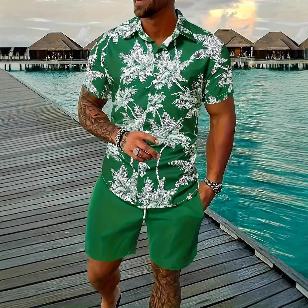 Men’s Sleeve Hawaiian Shirt with Black Palm Tree Print and Shorts Set 3