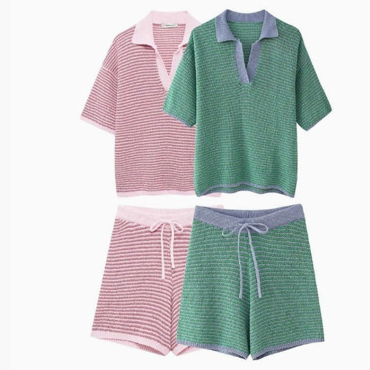 Women’s Green and White Knit Shorts Set with Oversized V-Neck Polo Top