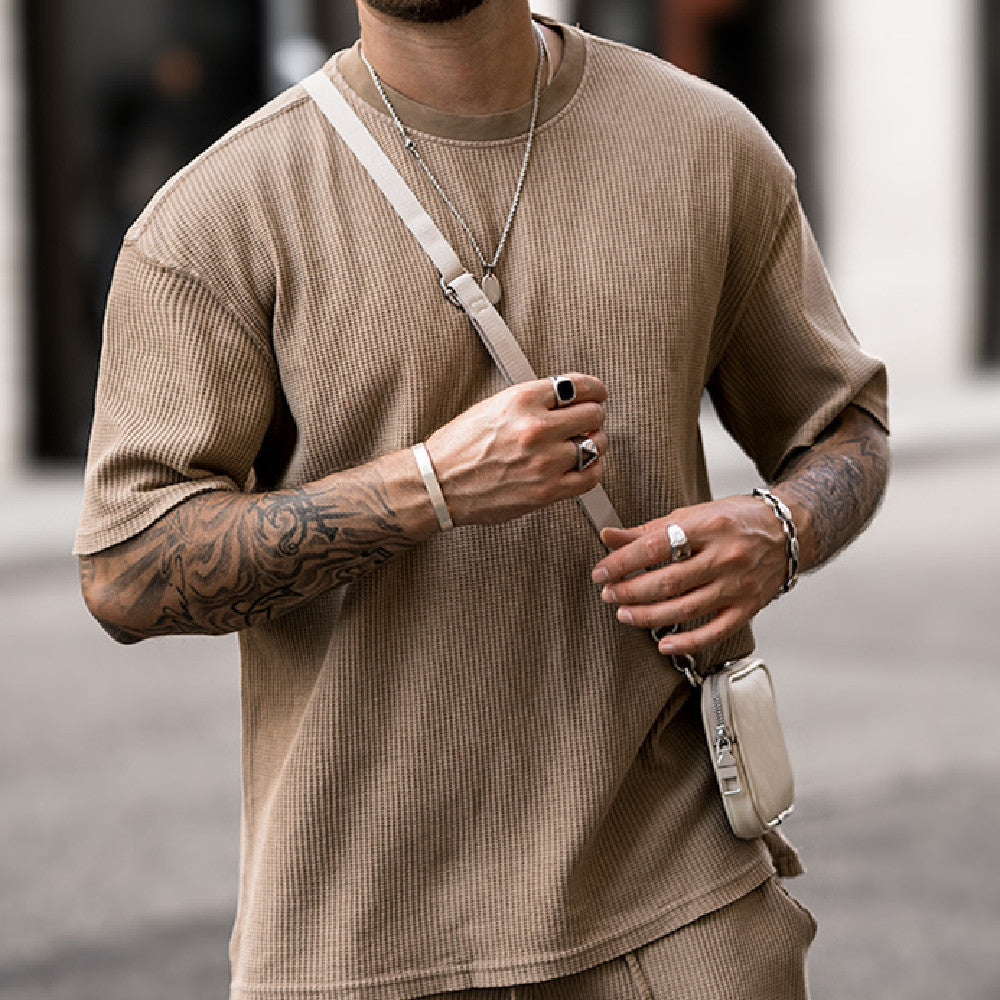 Men’s Beige Ribbed Short Sleeve T-Shirt and Drawstring Shorts Set 8