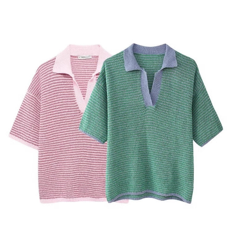 Women’s Green and White Knit Shorts Set with Oversized V-Neck Polo Top 5