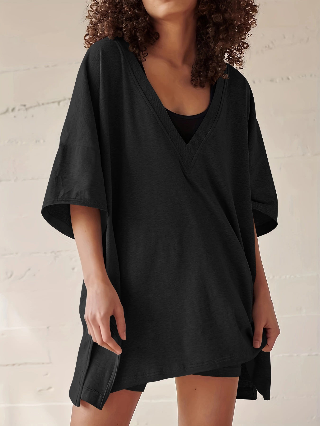 Women’s Apricot Lounge Set with Loose V-Neck T-Shirt and Matching Shorts 22