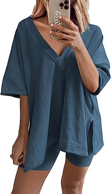 Women’s Apricot Lounge Set with Loose V-Neck T-Shirt and Matching Shorts 19