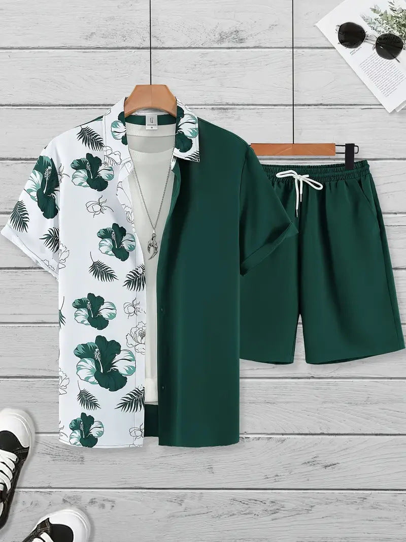 Men’s Sleeve Hawaiian Shirt with Black Palm Tree Print and Shorts Set 6