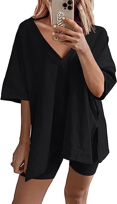 Women’s Apricot Lounge Set with Loose V-Neck T-Shirt and Matching Shorts 7