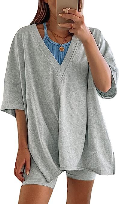 Women’s Apricot Lounge Set with Loose V-Neck T-Shirt and Matching Shorts 17