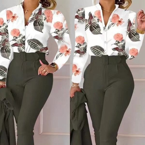 Women’s Two-Piece Outfit with Floral V-Neck Blouse