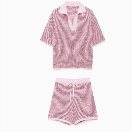 Women’s Green and White Knit Shorts Set with Oversized V-Neck Polo Top 3