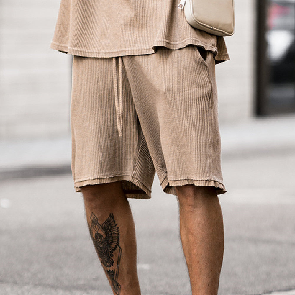 Men’s Beige Ribbed Short Sleeve T-Shirt and Drawstring Shorts Set 11