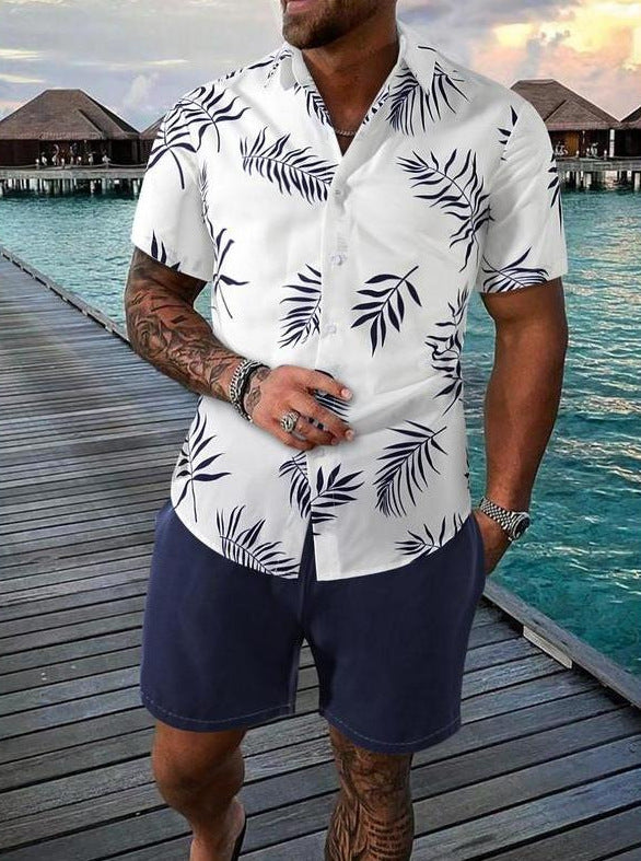 Men’s Sleeve Hawaiian Shirt with Black Palm Tree Print and Shorts Set 19
