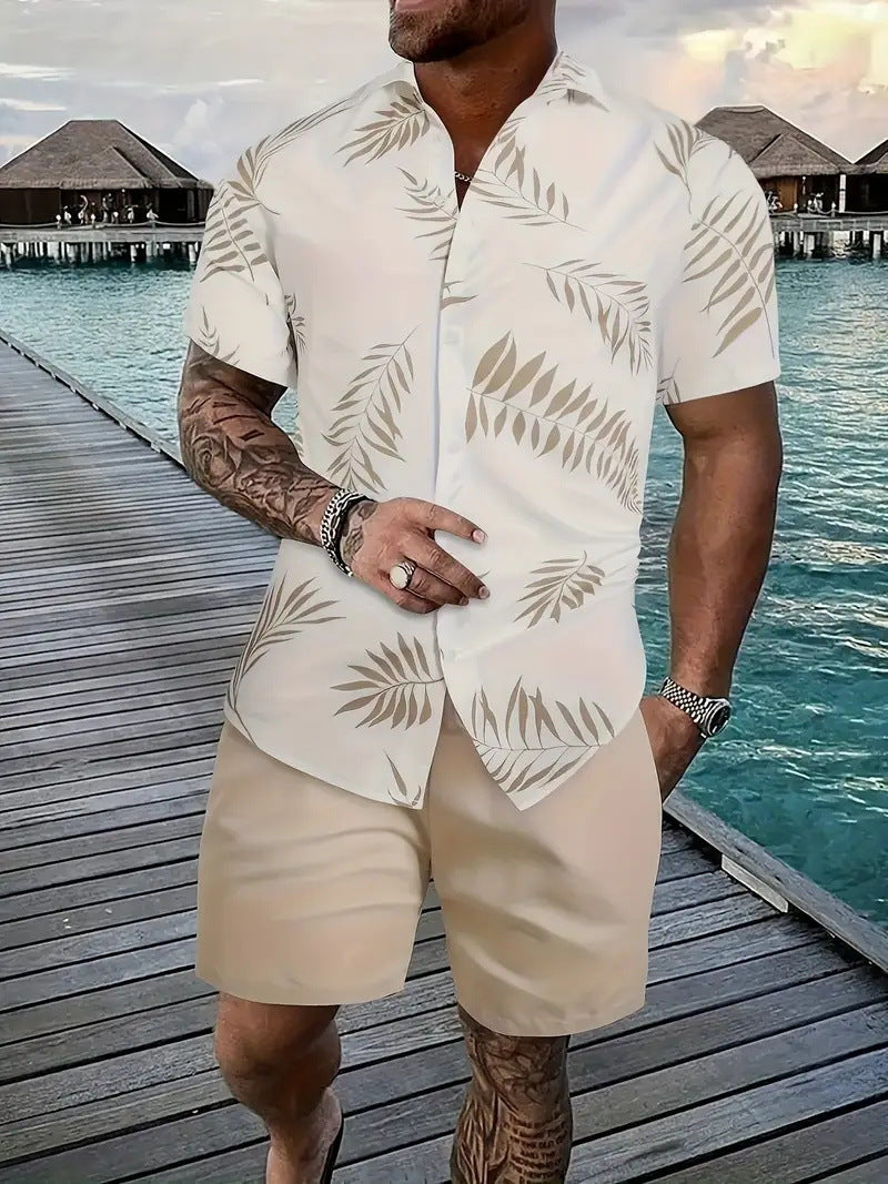 Men’s Sleeve Hawaiian Shirt with Black Palm Tree Print and Shorts Set 12