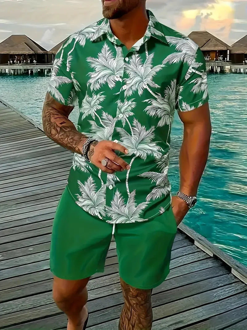 Men’s Sleeve Hawaiian Shirt with Black Palm Tree Print and Shorts Set 11