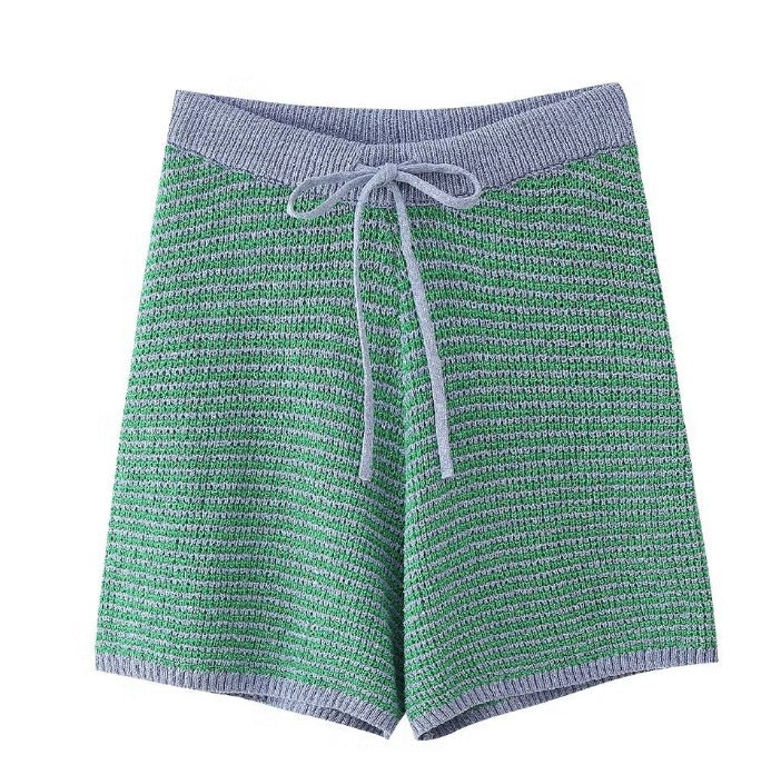 Women’s Green and White Knit Shorts Set with Oversized V-Neck Polo Top 10