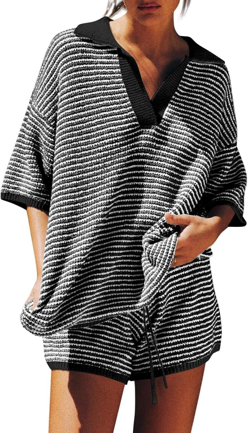 Women’s Green and White Knit Shorts Set with Oversized V-Neck Polo Top 14