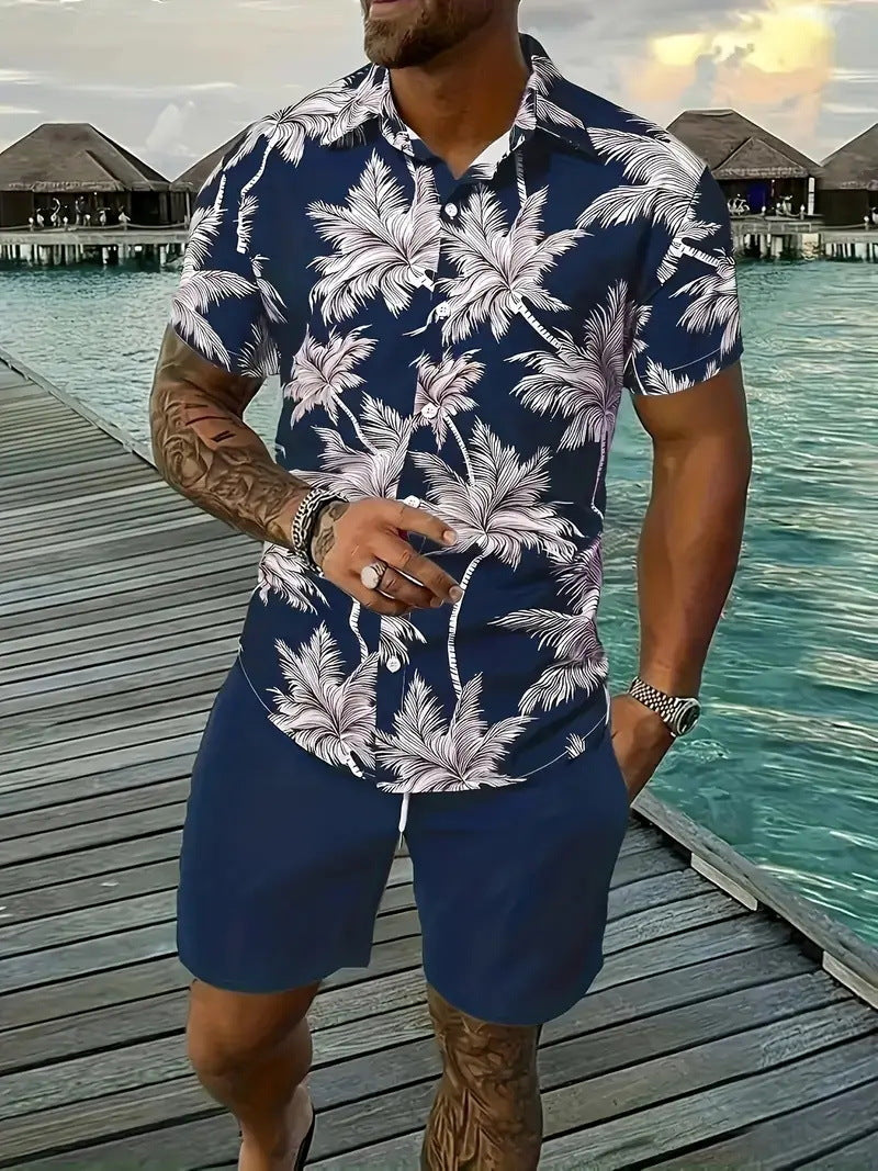 Men’s Sleeve Hawaiian Shirt with Black Palm Tree Print and Shorts Set 10