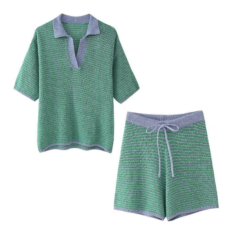 Women’s Green and White Knit Shorts Set with Oversized V-Neck Polo Top 4