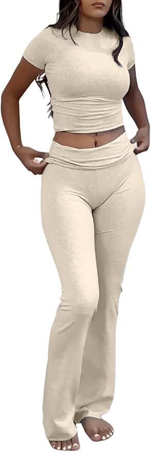 Women’s Two-Piece Set with Short-Sleeve Fitted Crop Top 7