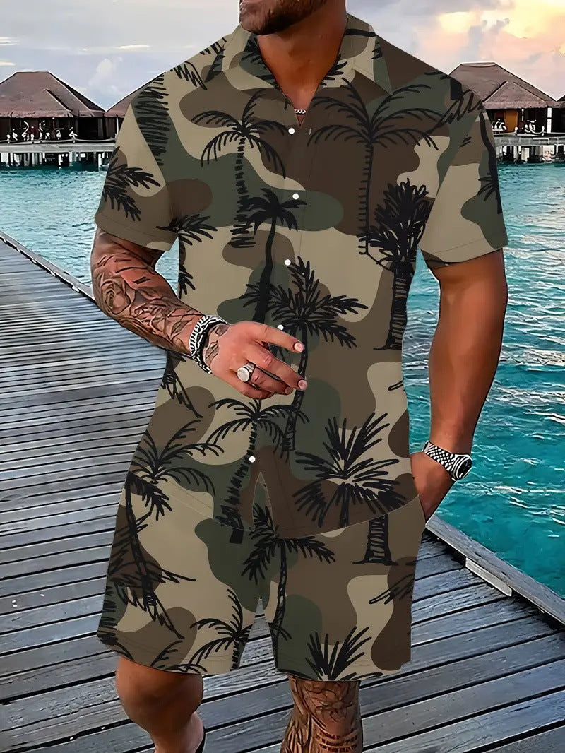 Men’s Sleeve Hawaiian Shirt with Black Palm Tree Print and Shorts Set 14
