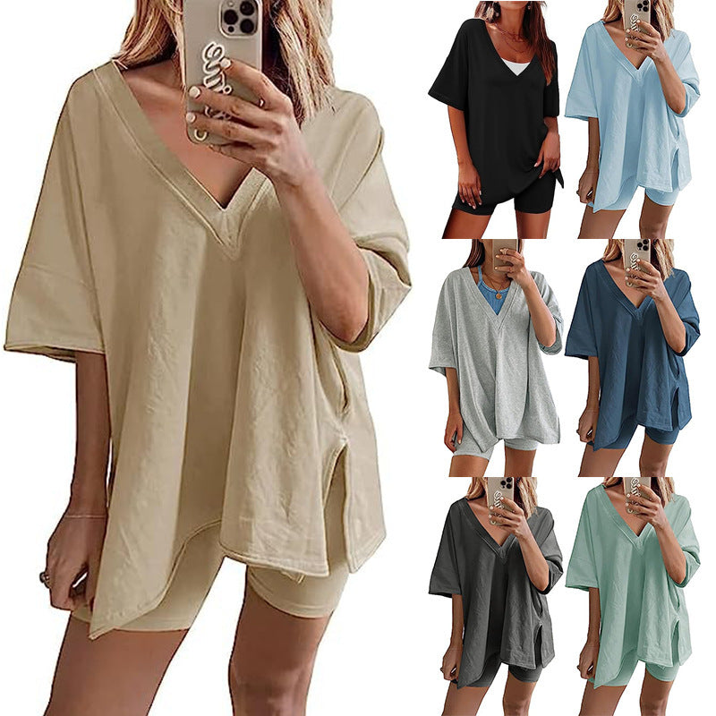 Women’s Apricot Lounge Set with Loose V-Neck T-Shirt and Matching Shorts