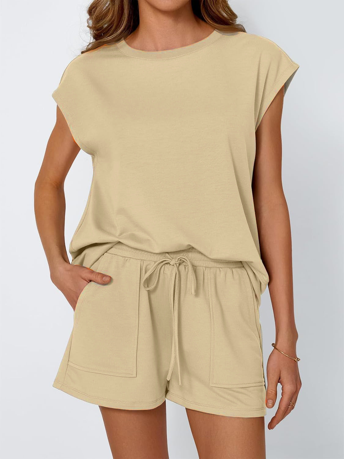 Women’s Apricot Two-Piece Lounge Set with Short-Sleeve Crew Neck Top 8