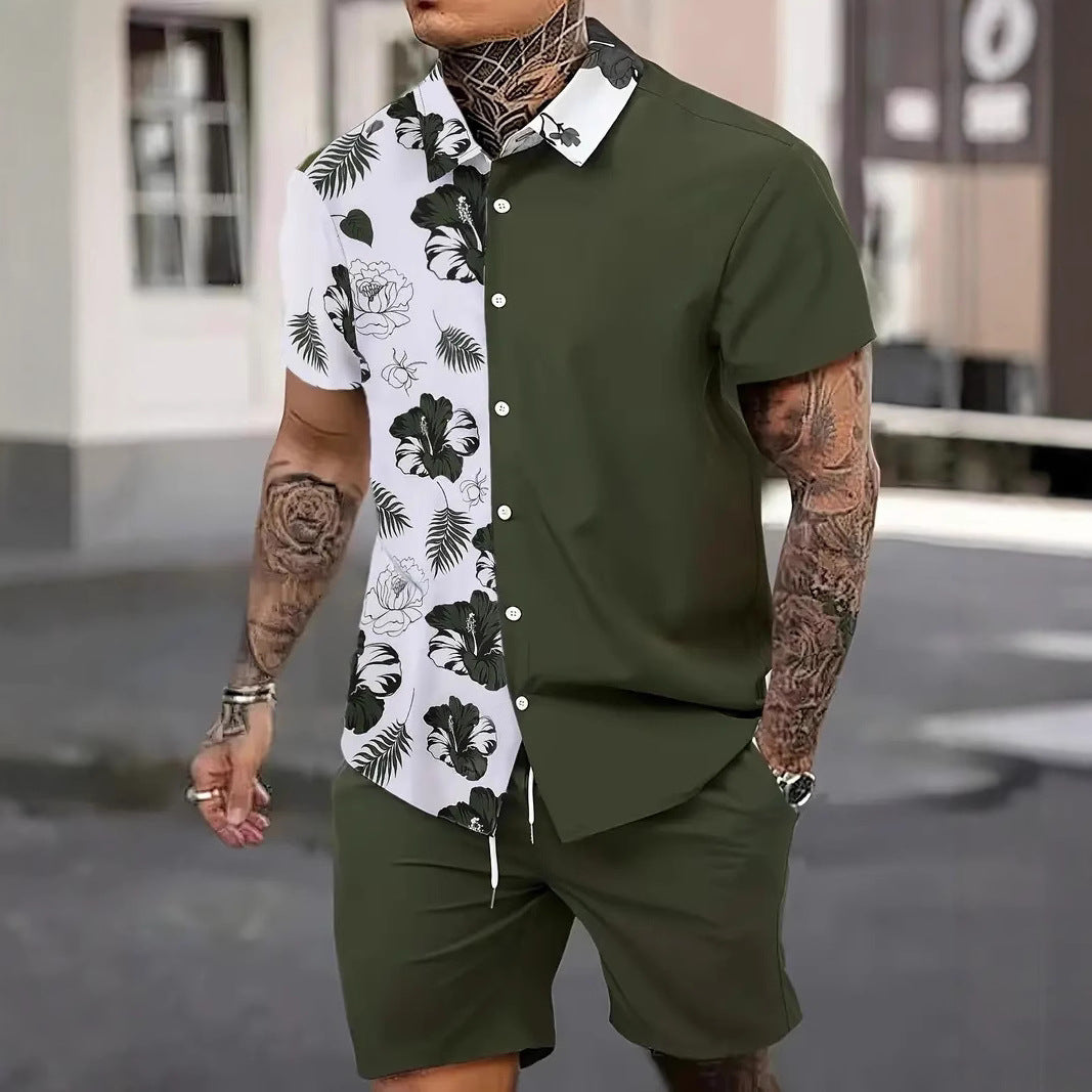 Men’s Sleeve Hawaiian Shirt with Black Palm Tree Print and Shorts Set