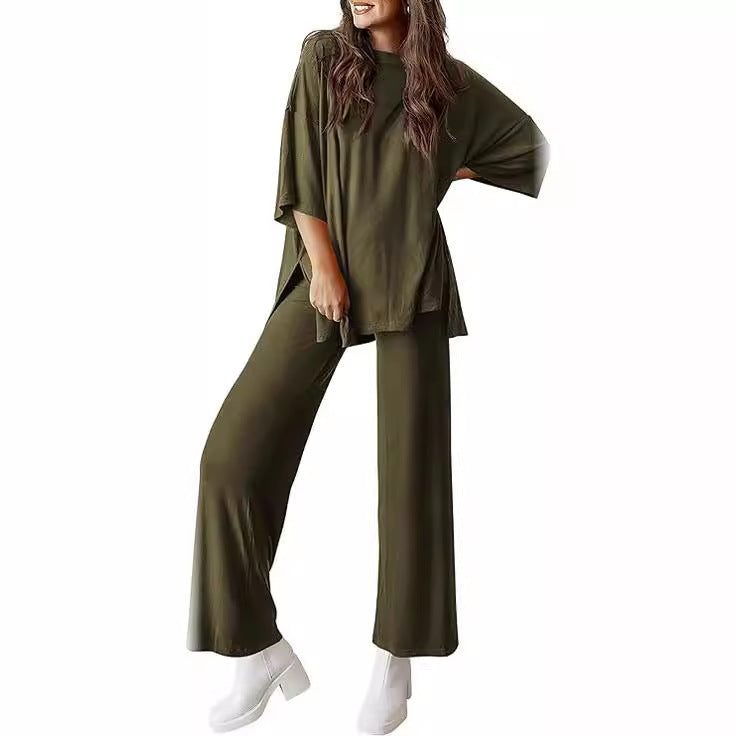 Women’s Olive Two-Piece Lounge Set with Oversized Short-Sleeve Top
