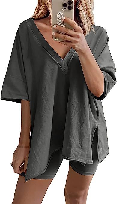 Women’s Apricot Lounge Set with Loose V-Neck T-Shirt and Matching Shorts 20