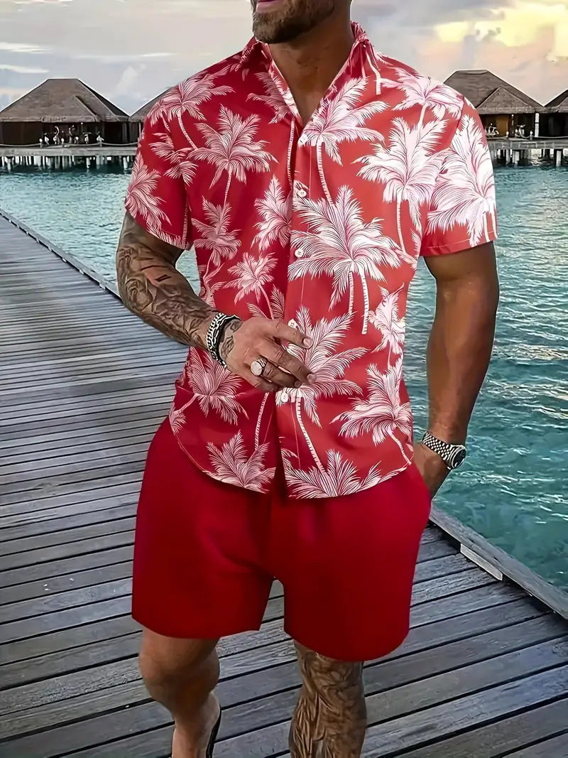 Men’s Sleeve Hawaiian Shirt with Black Palm Tree Print and Shorts Set 8
