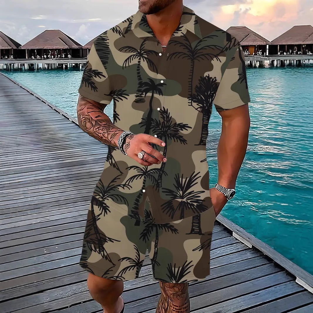 Men’s Sleeve Hawaiian Shirt with Black Palm Tree Print and Shorts Set 4