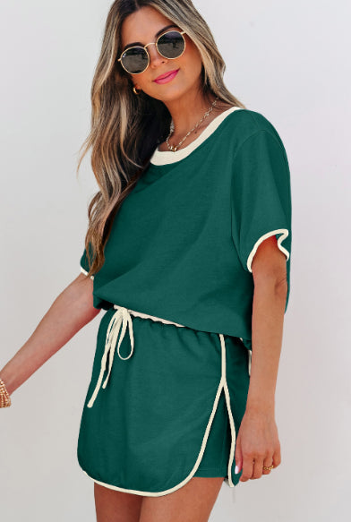 Women’s Casual Contrast Trim Top and Skirt Shorts