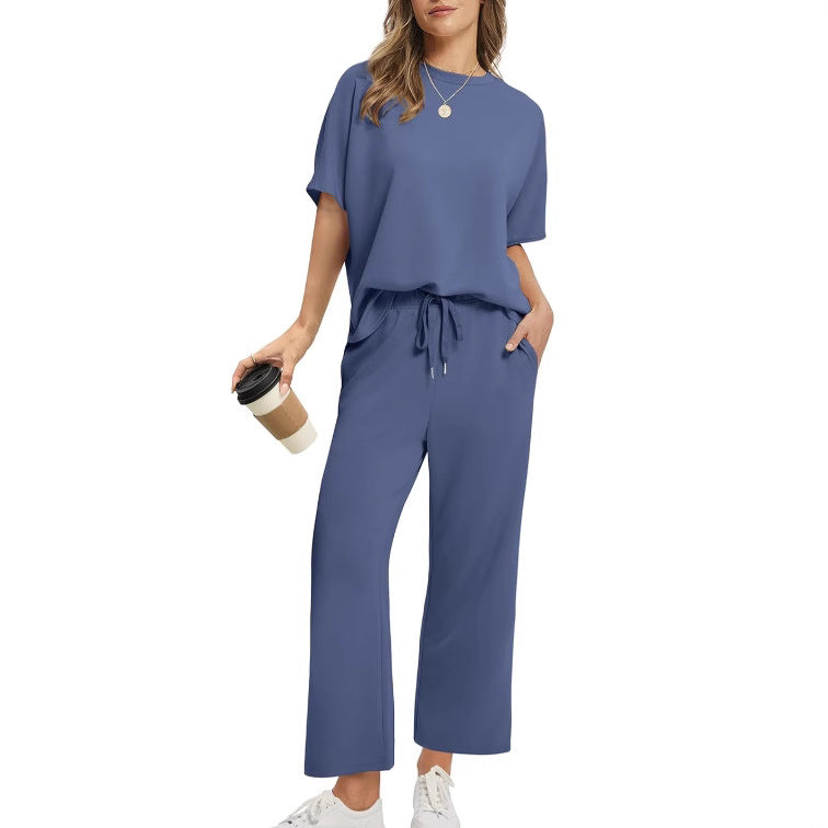 Women’s Two-Piece Set with Short-Sleeve Top and Wide-Leg