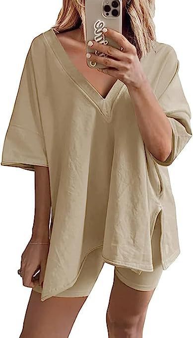 Women’s Apricot Lounge Set with Loose V-Neck T-Shirt and Matching Shorts