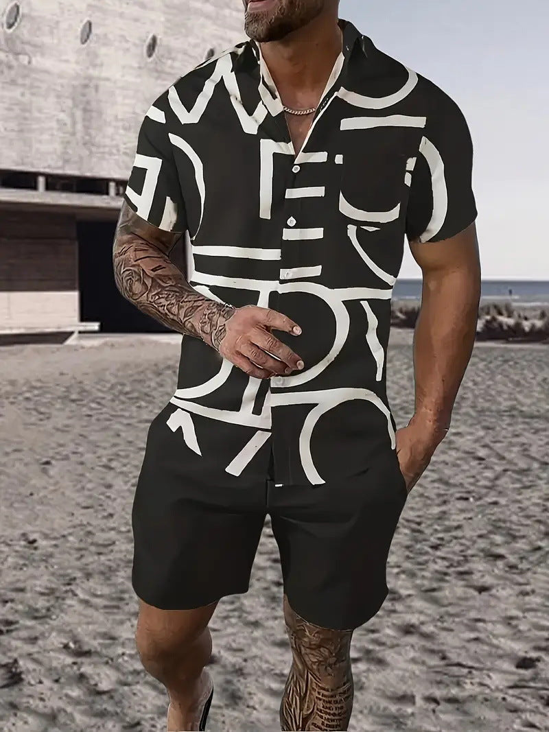 Men’s Sleeve Hawaiian Shirt with Black Palm Tree Print and Shorts Set 15