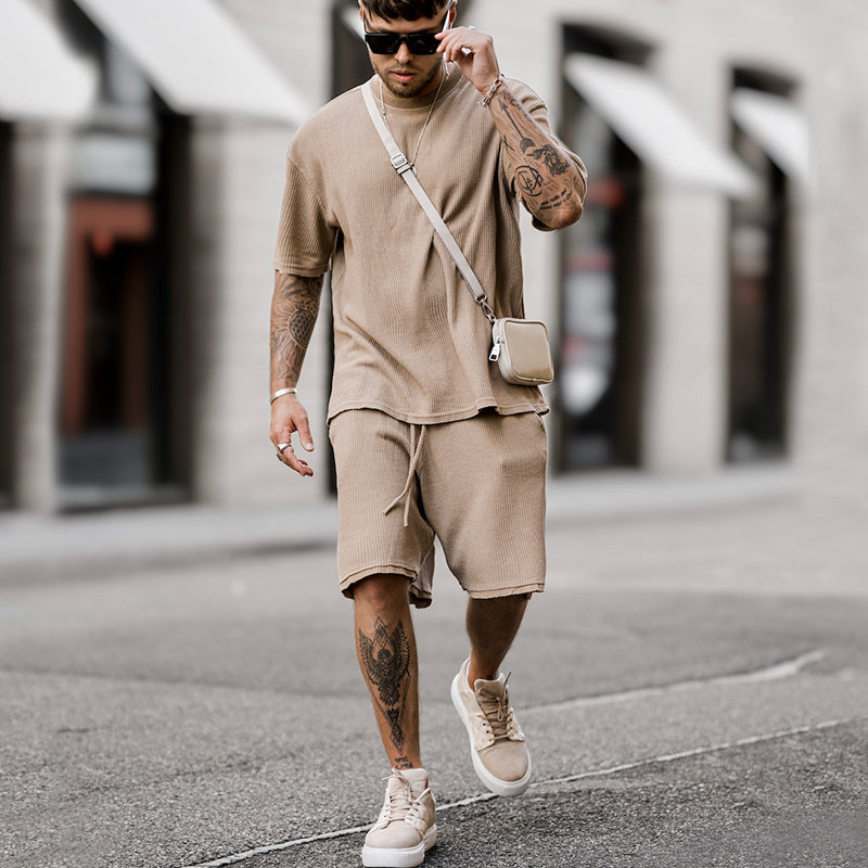 Men’s Beige Ribbed Short Sleeve T-Shirt and Drawstring Shorts Set 9