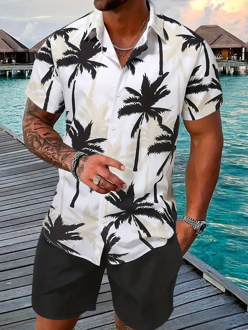 Men’s Sleeve Hawaiian Shirt with Black Palm Tree Print and Shorts Set 9